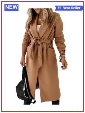 Wool Blend Belted Maxi Trench Coat Notch Lapel Open Front Pea Coat